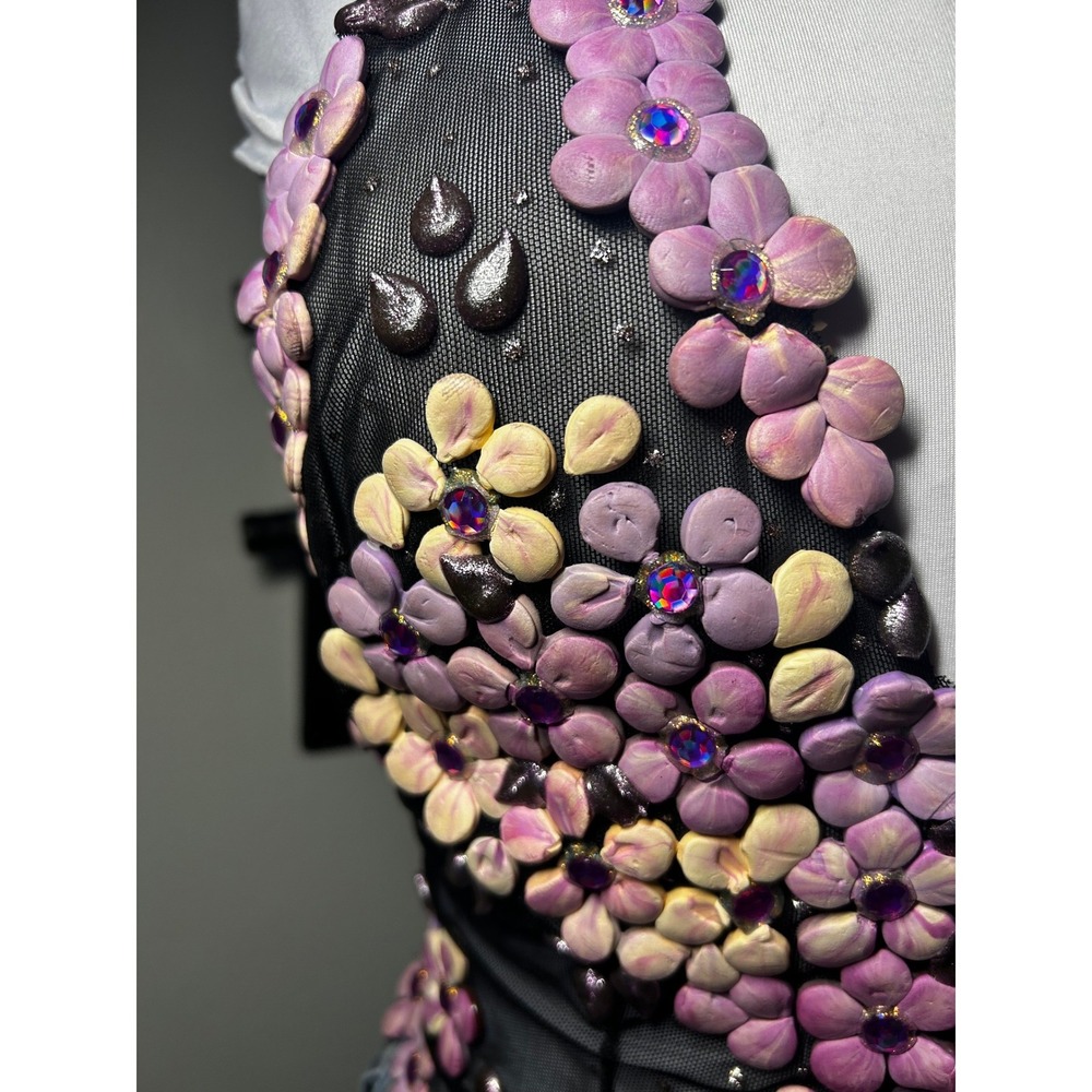RARE Ema Savahl Hand Painted 3D Floral Halter Tie Back Top Black Mesh Appliqué - Picture 12 of 12